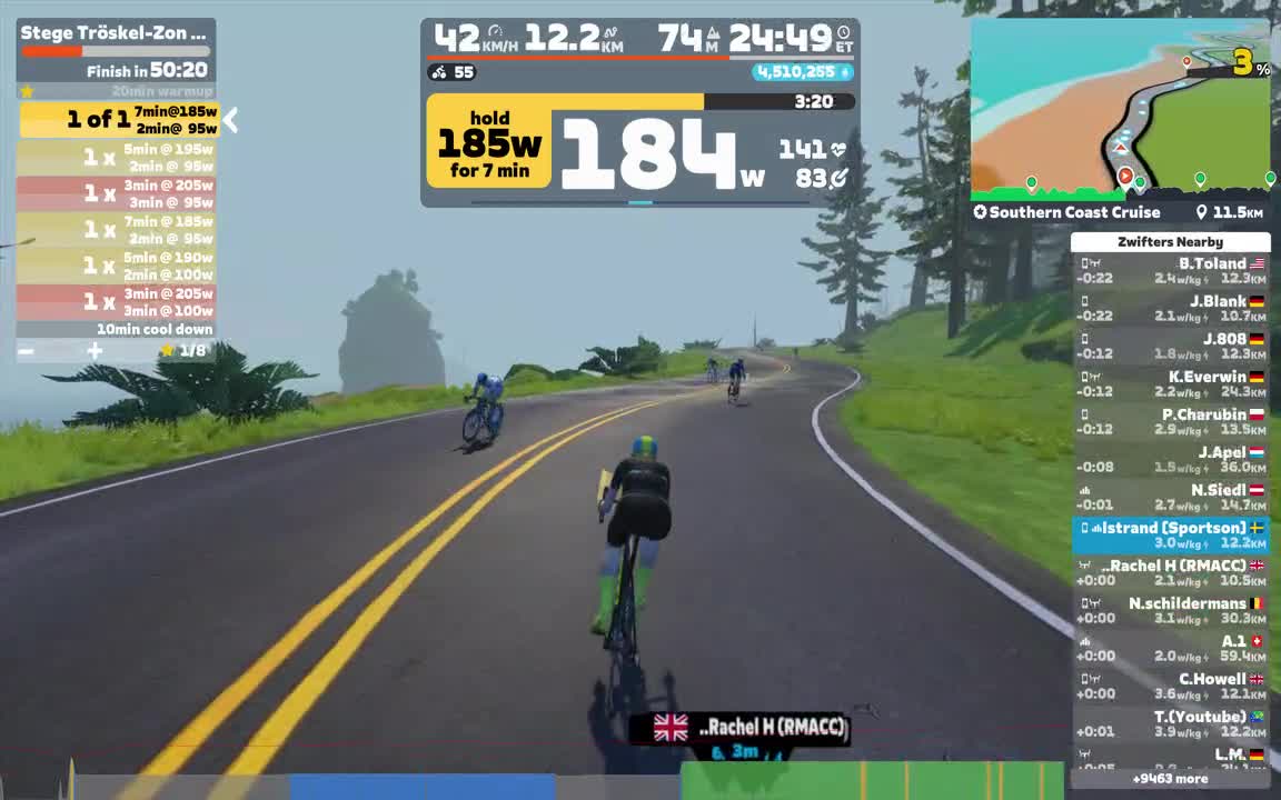 Zwift - Stege Tröskel-Zon 5 2( 7-5-3) on Southern Coast Cruise in Watopia