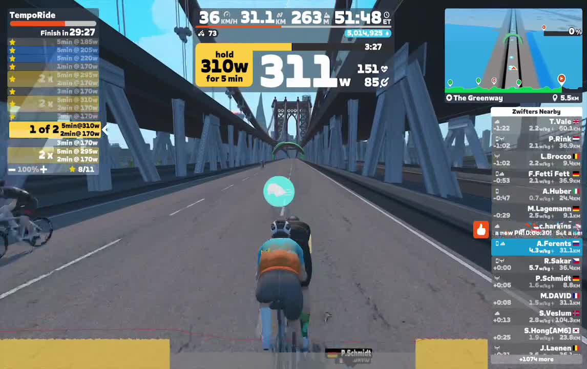 Zwift - TempoRide on The Greenway in New York