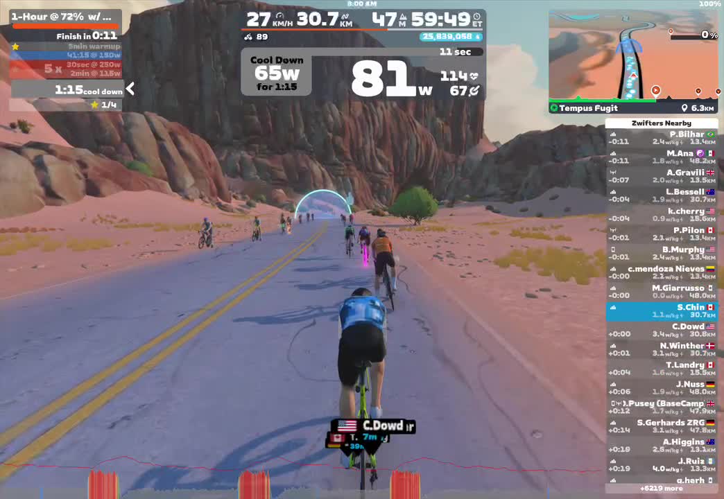 Zwift - 1-Hour @ 72%  w/ 5x30s @ 120%  on Tempus Fugit in Watopia