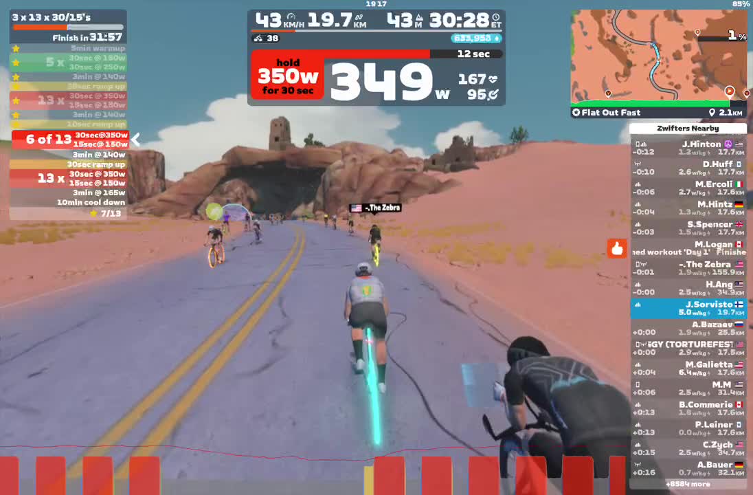 Zwift - 3 x 13 x 30/15's on Flat Out Fast in Watopia