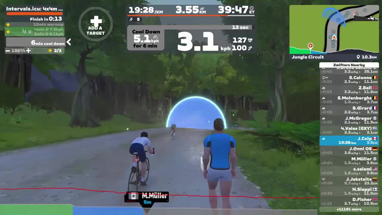 Zwift - : 4x4m Tempo Intervals Run - AI Endurance on Jungle Circuit in Watopia