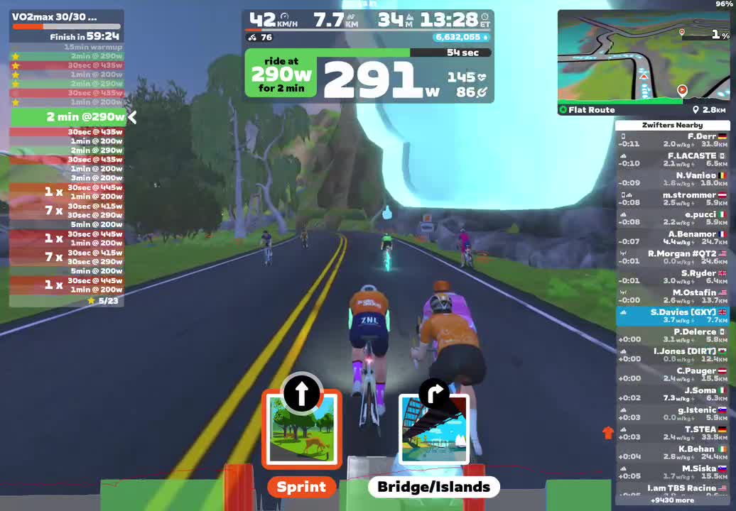 Zwift - VO2max 30/30 Tempo Rec (21min) on Flat Route in Watopia